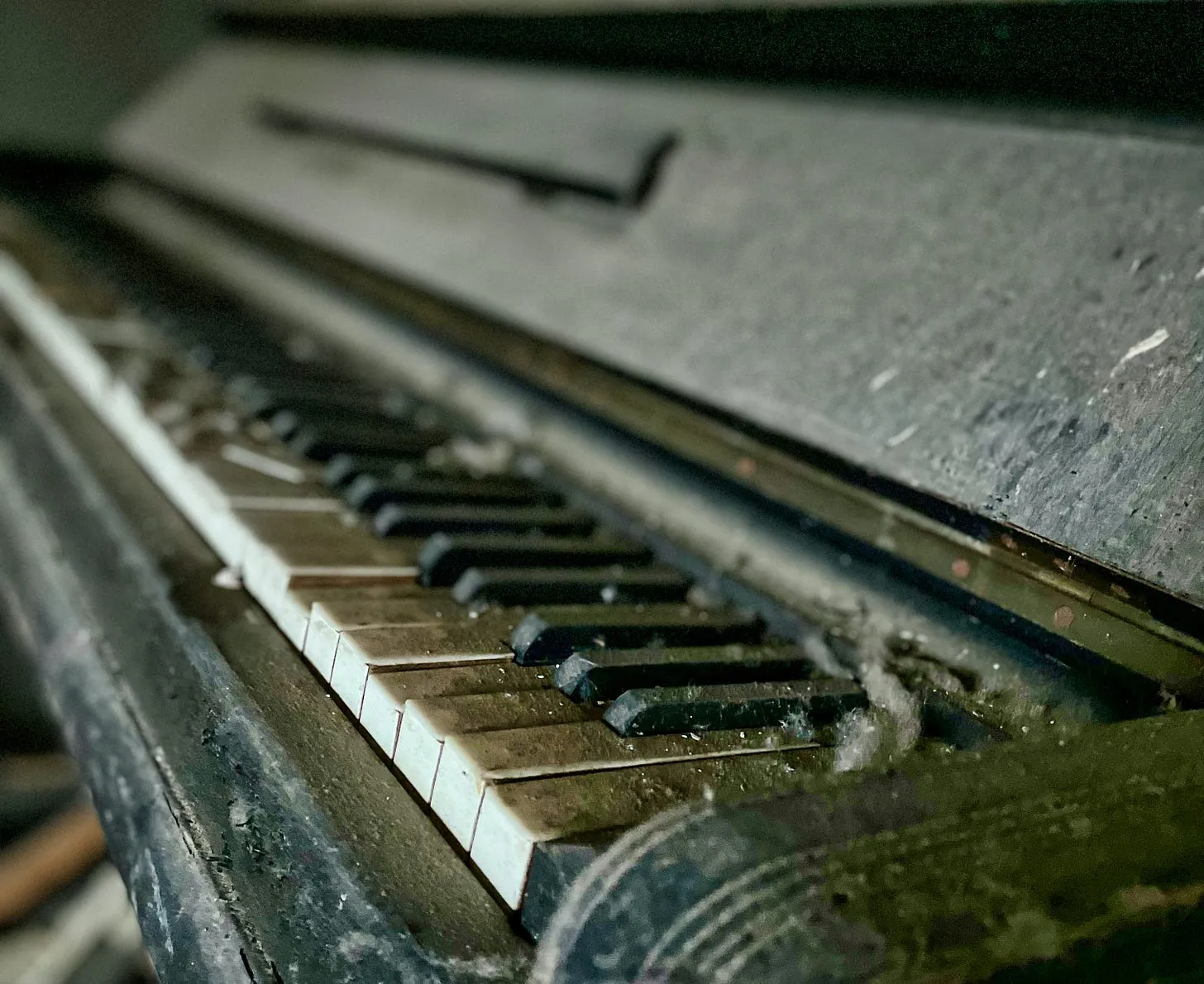 Dusty piano keys untouched — craft gathering dust