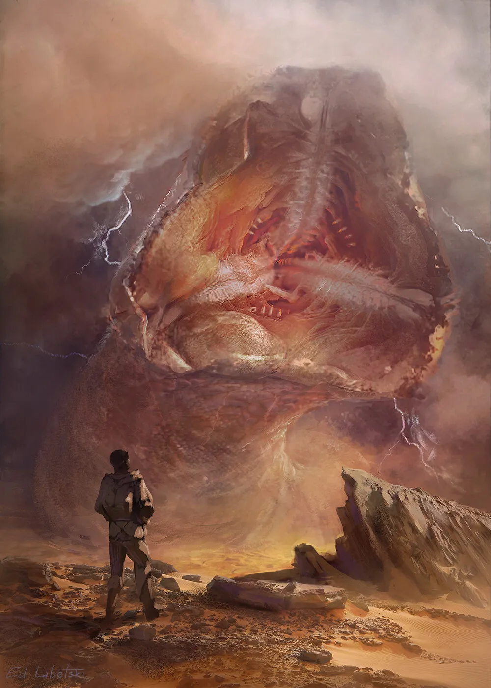 A colossal sandworm rising over a lone figure in the desert